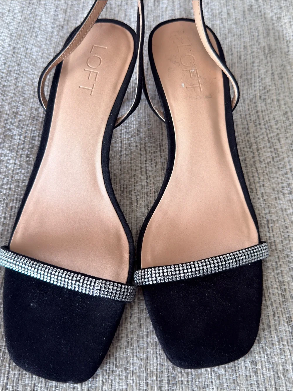 LOFT Black Ankle-Strap Kitten Heels with Rhinestone Toe Band
